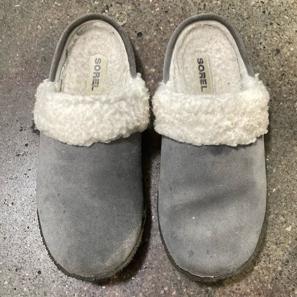 Sorel Gray Suede Slippers with White Fur Trim